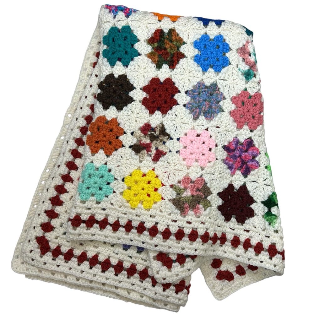 Vintage Handmade Crochet Grannycore Ivory‎ Multicolor throw Blanket Afghan 50x41